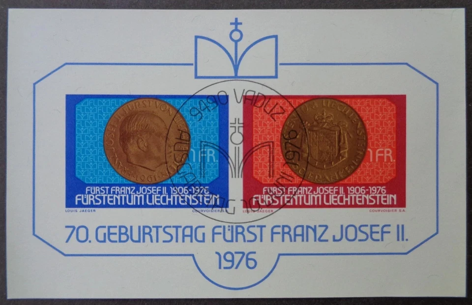 Folha de lembrança de moedas usadas LIECHTENSTEIN 1976 #590/70º aniversário de Franz Joseph - Imagem 1 de 1