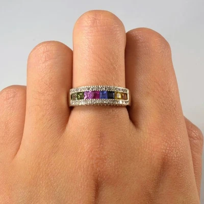Anillo banda multicolor diamante simulado corte princesa de 2 quilates enchapado en oro blanco de 14 k Foto 1 de 3