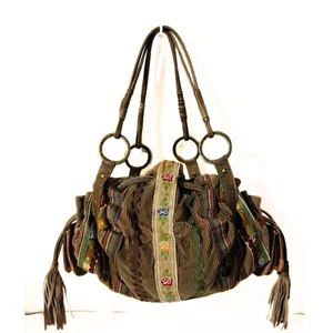 Looky Rare Brown Genuine Leather & Corduroy Boho Embroidered Small  Bag - Picture 1 of 13