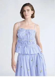 Canottiera Limone Cotone Ruffle Increspato Blu Gessato Assemblaggio Gessato Nuova con etichette Tg L - Foto 1 di 8