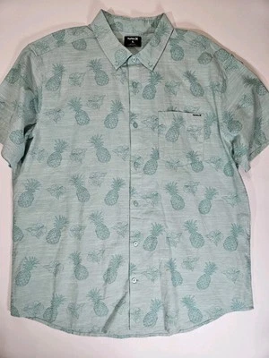 Hurley Mens Hawaiian Shirt  XL Green Pineapple Orchid Print Casual Button Down - Image 1 of 4