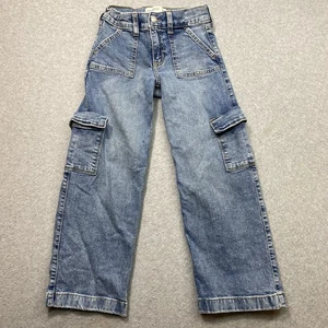VTG Abercrombie Kids Blue Cargo Jeans Boy’s Sz 7/8 High Rise Wide Leg Distressed - Picture 1 of 11