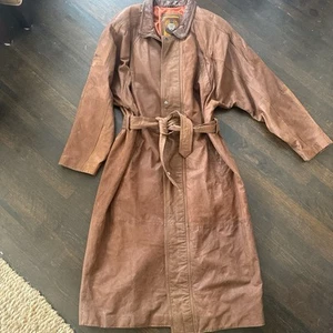 Vtg Y2K Genuine Maxi Leather Trench Coat Womens Size L Brown Buttery Soft Jacket - Picture 1 of 8