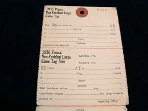 1936 Pennsylvania Non-Resident Deer & Bear Hunting License w/Kill Tags A6 - Picture 1 of 1