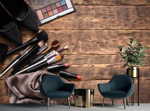 Make up Wallpaper Photo Wall Mural Beauty Salon Women Poster Wooden Background - Imagen 1 de 7