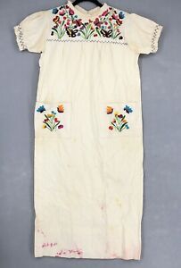 vtg 70's Womens Embroidered Guatemalan Puebla Mexico Midi Boho Hippie Dress S M 