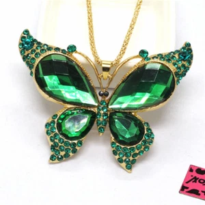 Fashion Women Cute Green Butterfly Large Crystal Pendant Sweater Chain Necklace - Picture 1 of 4
