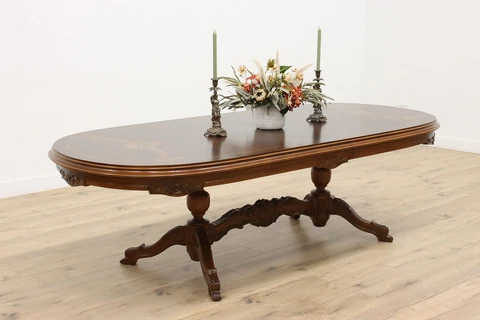 Carved Walnut & Marquetry Antique Dining, Library or Conference Table #34975 Cover