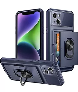 Coolden iPhone 14 Case Wallet Armour -Card Holder Slot -Ring Kickstand-NEW-BLUE - Zdjęcie 1 z 7