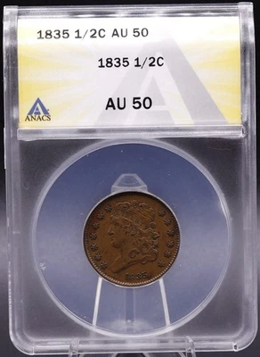 1835 Classic Head Half Cent ANACS AU50 Early Copper 1/2C Coin - Problem Free - Image 1 of 4