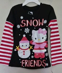 Hello Kitty Sanrio Girls  Size 4/5 Black & Red Sparkle Shirt Snowman Holidays - Picture 1 of 4