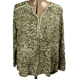 Lucky Brand Cotton-Modal Floral V-Neck Embroidered Top Long Sleeve Green 1X - Picture 1 of 24