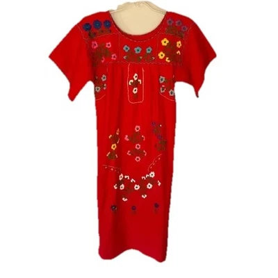 Handmade Embroidered Red Short Sleeve Pueblo Dress Size Small - Image 1 of 4