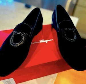 New Auth Salvatore Ferragamo Seral Men Black Velvet Loafer Moccasin Shoes 8 $795 - Picture 1 of 6