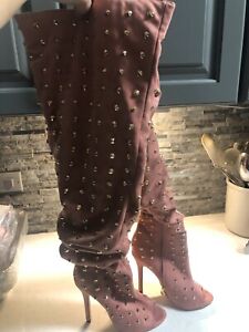 Womens 6.5 pink Suede Studded Stiletto Over The Knee Boots by LILIANA EUC