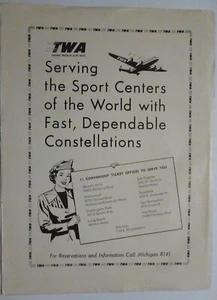 1953 Anzeige TWA AIRLINES Serving Sports Centers of World CONSTELLATIONS Los Angeles - Bild 1 von 1