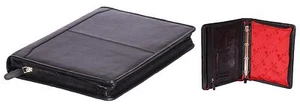 Real Leather Organiser BLACK Zip Around Folder Underarm A4 Paper Binder Work BAG - Picture 1 of 7