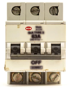 MEM 633MB3 63 AMP 63A TYPE 3 6kA TRIPLE POLE MCB CIRCUIT BREAKER 3P - Picture 1 of 7