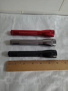 3 Vtg Mini Mag Lite 2 AA Flashlight Black Red Silver Ontario CA USA Tested - Picture 1 of 6