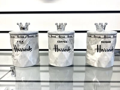 Harrods Tea Coffee Sugar Jar Grey Marble Storage Set Air Tight Canisters - Image 1 of 4