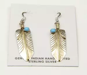Pendientes colgantes de pluma de plata esterlina turquesa navajo artesanal Melvin Vandaver navajo - Imagen 1 de 4