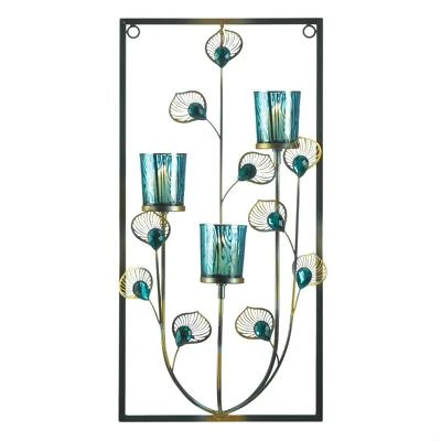 Blue Iron Glass Plastic Peacock Three Candle Wall Sconce Indoor Decor - Image 1 of 3