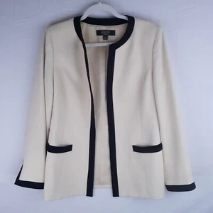 Kasper Career Jacket Blazer Ivory with Black Trim Open Front Shoulder Pads Sz 8 - Picture 1 of 11