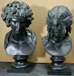 BACCHUS AND ARIADNE ANTIQUE BRONZE CLASSICAL BUSTS PAIR 12 3/4 TALL - Picture 1 of 8