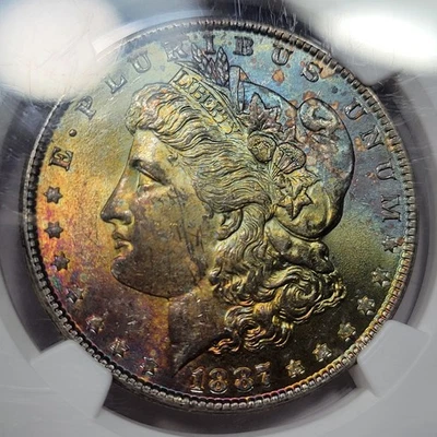 1887 P Morgan Silver Dollar $1 NGC MS63 RAINBOW TONED Monster Wow *K1052 - Image 1 of 4