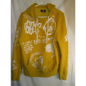 Vintage Y2K Hustle Gang Mens Graphic Print Hoodie Yellow Pullover Sweatshirt XL - Picture 1 of 3