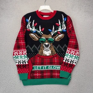 Ugly Holiday Sweater Boys Large Black Red Fair Isle Reindeer Let it Glow XMAS - Picture 1 of 11