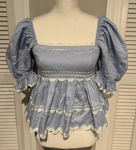 Top de popelina Sofie the Label mangas globo azul con ribete blanco talla pequeña nuevo con etiquetas - Imagen 1 de 9