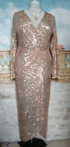 Evening Dress 18 Gold Sequin QUIZ Ballgown Wrap Style Long Sleeve Stretch Prom - Picture 1 of 5