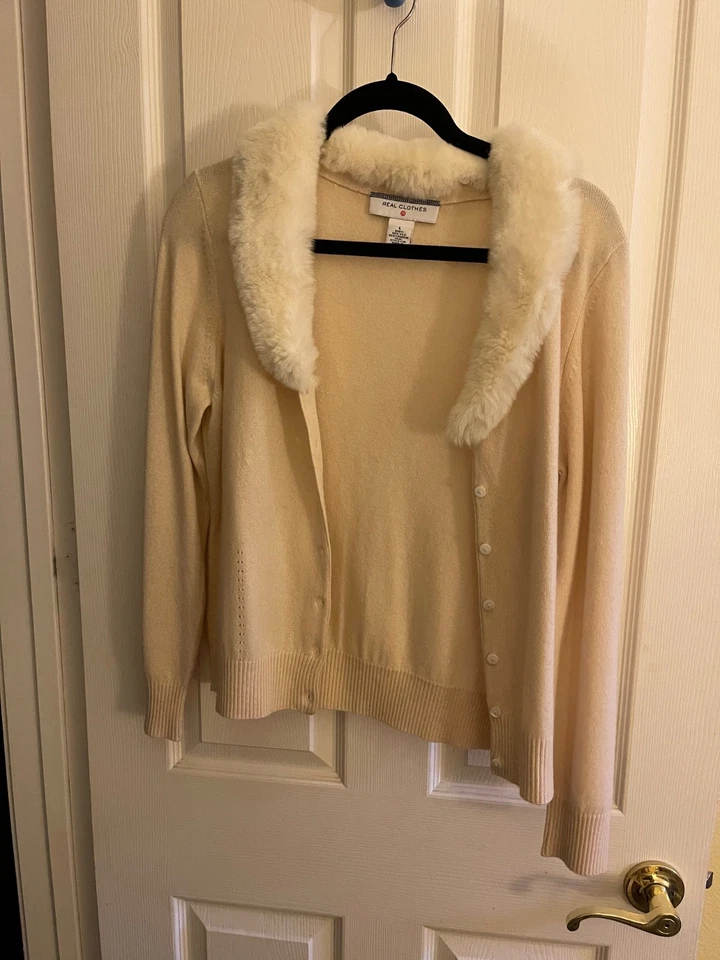 Saks Fifth Avenue Real Clothes Silk and Cashmere Cardigan Ivory Fur Collar - L - Image 1 of 4