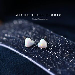 5mm White Opal Heart Stud Earrings, Sterling Silver Heart Stud Earrings