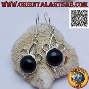 Orecchini Argento 925‰ onice tonda cabochon con cerchietti traforati sopra e tri - Foto 1 di 4