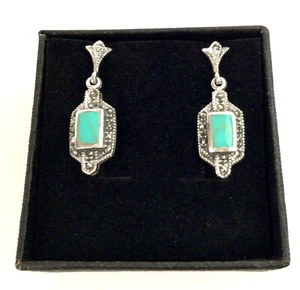Art Deco 1920s Turquoise Marcasite Geometric dangle earrings Sterling Silver  - Picture 1 of 5