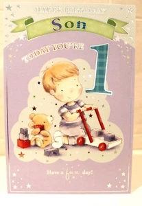 1st Birthday Card For A Son + Toddler , Teddy Blocks Push On Front 1 Year Old - Picture 1 of 4