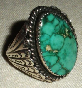 VINTAGE NAVAJO GORGEOUS SIGNED LT TURQUOISE STERLING SILVER RING SIZE 9 vafo - Picture 1 of 10