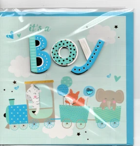 carte Naissance It's a boy relief train animaux 15 x 15 cm - Imagen 1 de 2