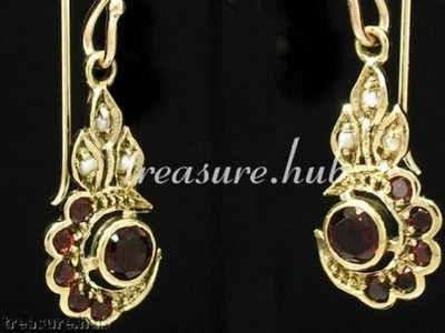 E164 VICTORIAN style Genuine 9ct Gold Natural Garnet Pearl CRESCENT Earrings - Image 1 of 3