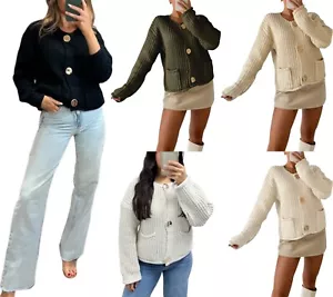 Grobstrick-Cardigan Damen Goldknöpfe Langarm 2 Taschen Strickpullover - Bild 1 von 11