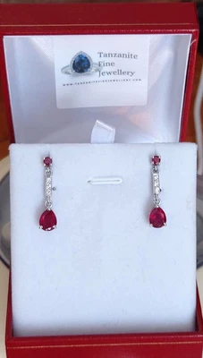 9k White Gold 7X5 mm Ruby and Diamond Drop Earrings CUSTOM MADE - Image 1 of 2