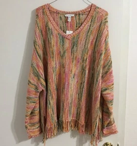 Denim & Co. Canyon Retreat Drop Shoulder Fringe Hem Pullover Women XL New w/ tag - Picture 1 of 6