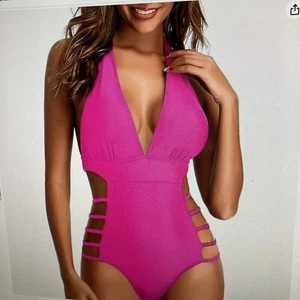 New Aqua Eve Women One Piece V Neck Cutout Monokini Sz M Neon Pink - Picture 1 of 7
