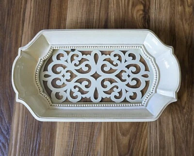 Vintage Cream Serving tray with wood cut out ornate design 14" L   8" W - Image 1 of 4