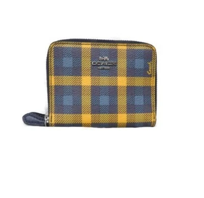 Carteira Coach pequena com zíper duplo ao redor moeda ID F76753 cáqui xadrez amarelo azul LQQK - Imagem 1 de 2