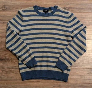 APC Rue Madame Paris 100% Wool Sweater Mens Gray Blue Striped Crew Neck - S - Picture 1 of 9
