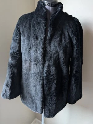 Casaco de pele de coelho vintage feito à mão preto macio genuíno XS/S 4/6P gótico - Imagem 1 de 2