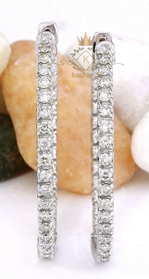 3 CT Round Cut VVS1 Moissanite Inside Outside Hoop Earrings Solid 14K White Gold - Image 1 of 4